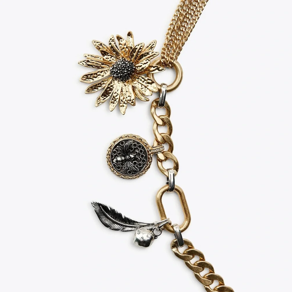 Zara NWT sz 34 Mixed Metals Flower Charm Belt - adjustable